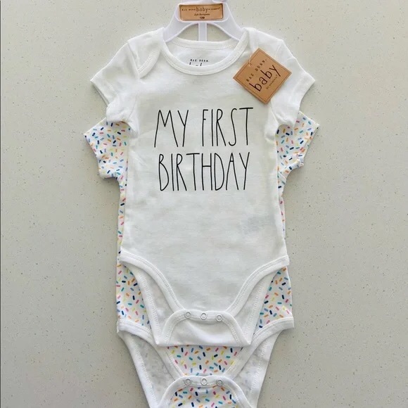 SOLD🎂✨Rae Dunn My First Birthday & Sprinkles Baby Bodysuits 2Pack Short Sleeve - Picture 10 of 10